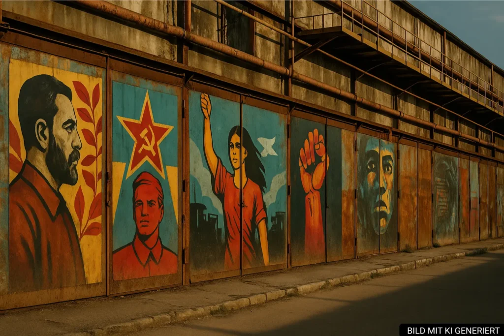 Fabrikwand in Kombinat Tirana mit großen bunten Murals