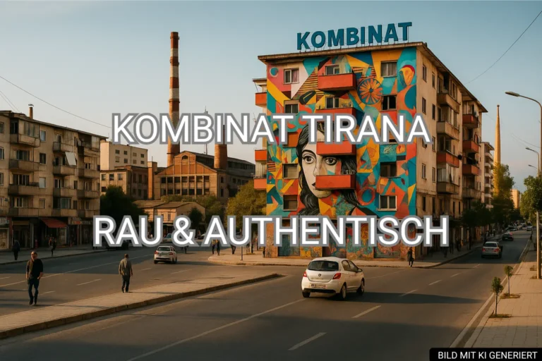 Stadtteil Kombinat in Tirana mit Wohnblöcken und Street Art bei warmem Licht