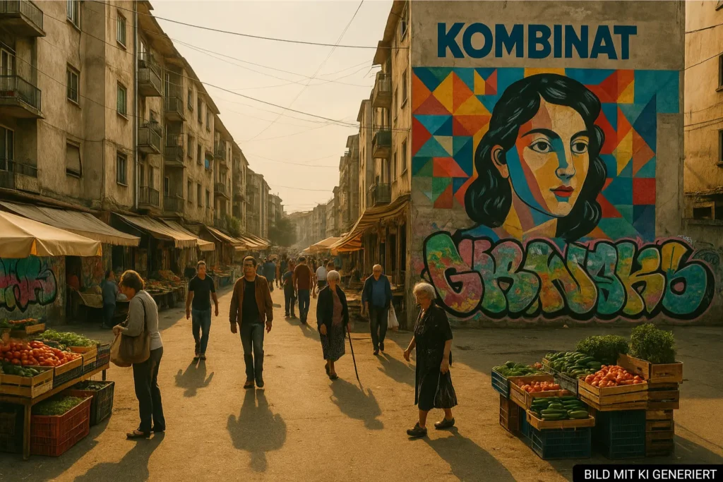 Straßenszene in Kombinat Tirana mit Graffiti und Marktleben