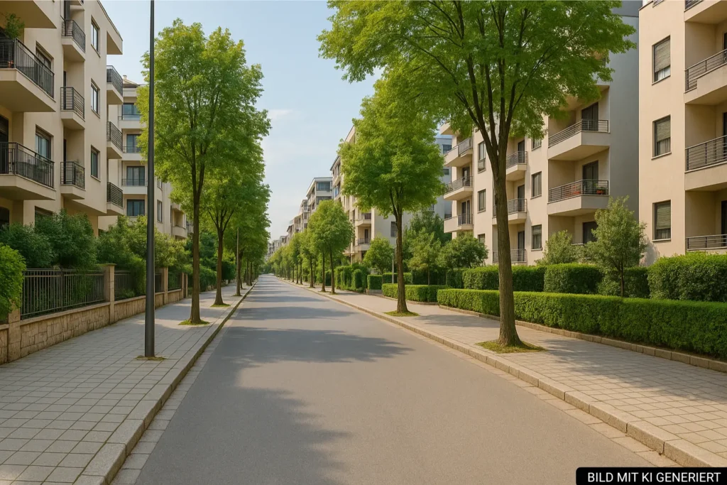 Ruhige Straße mit modernen Wohnhäusern in Komuna e Parisit