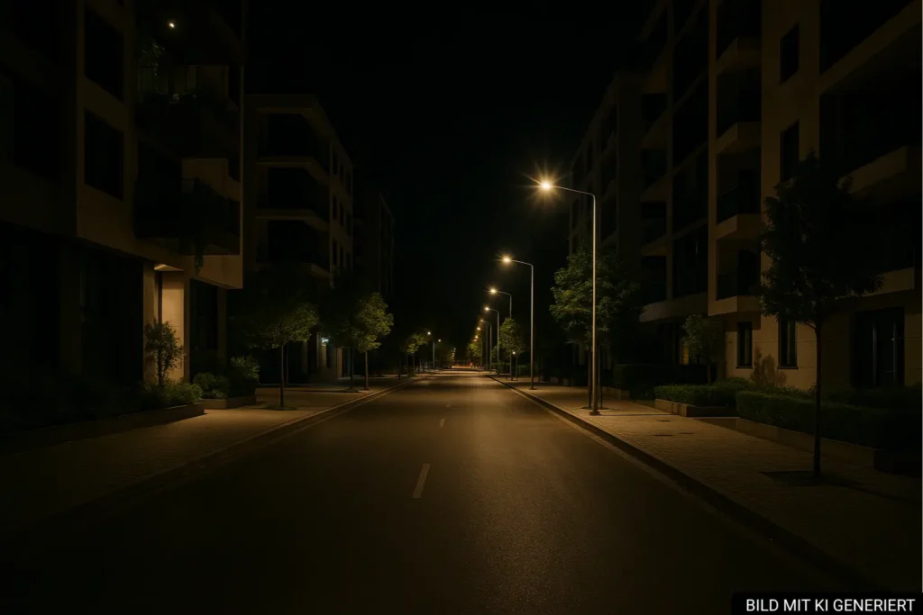 Gut beleuchtete Straße in Komuna e Parisit am Abend