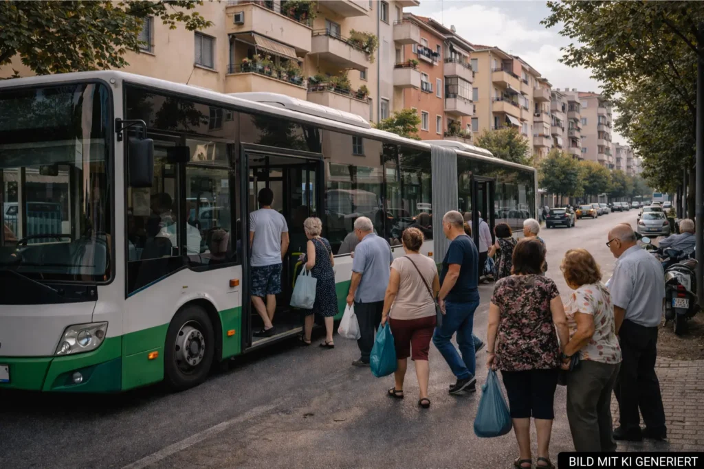 Stadtbus im Wohnviertel von Tirana